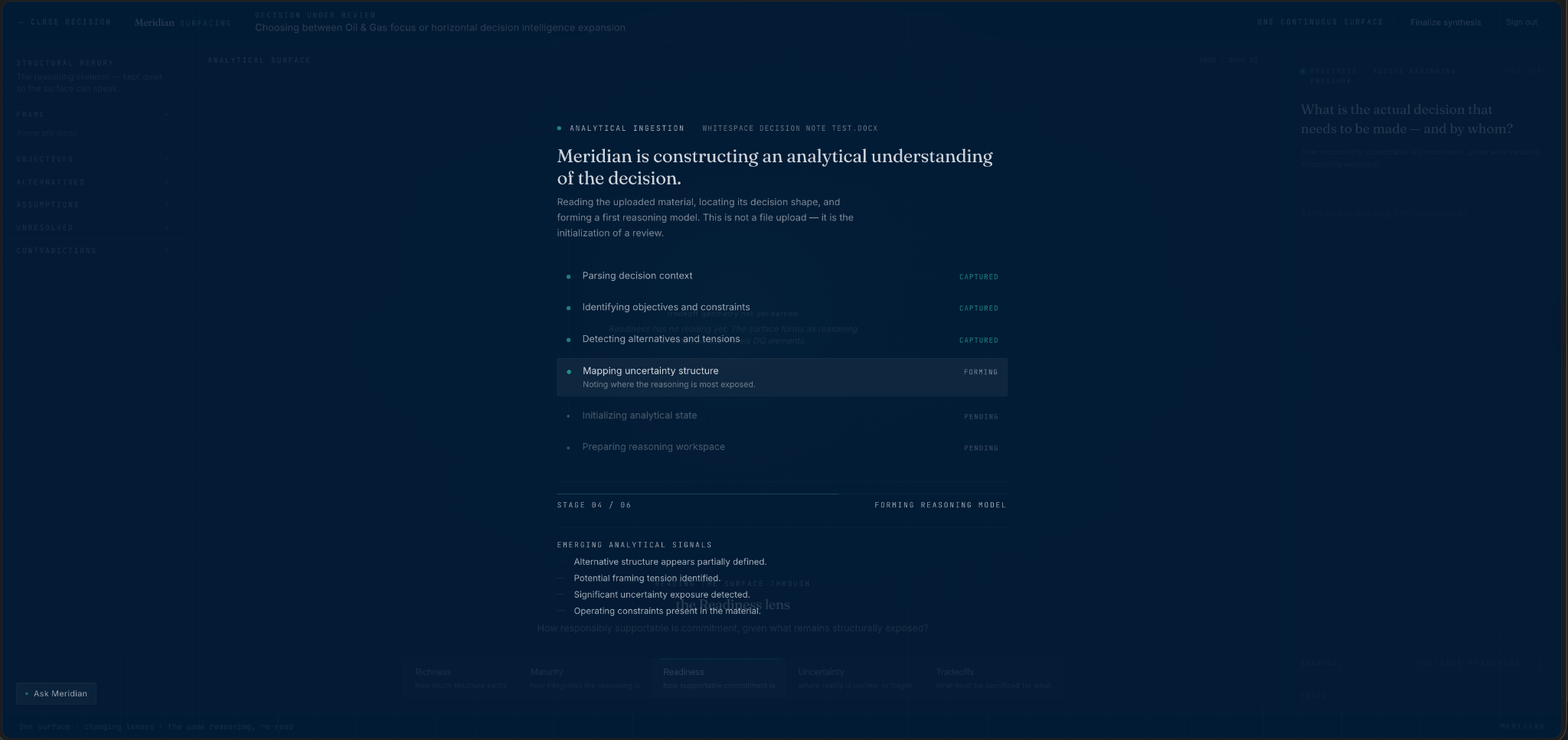 Meridian decision intake and analytical ingestion screen